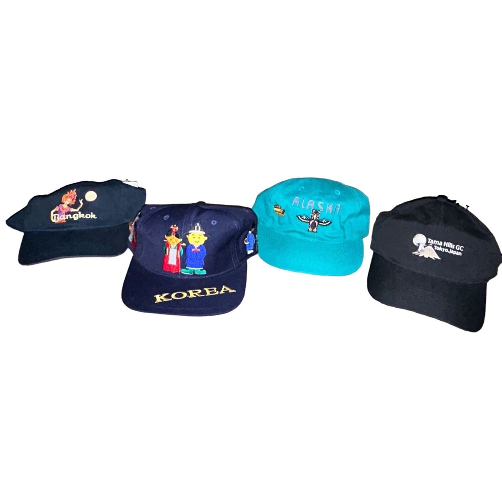 Lot of 4 Souvenir Hats Bangkok Korea‎ Alaska Nike Golf Tama Hills Tokyo Japan